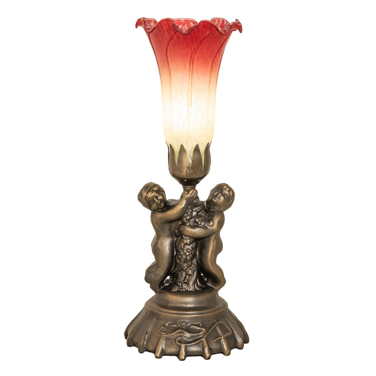 Front view of twin cherub lamp with red and white pond lily shade.