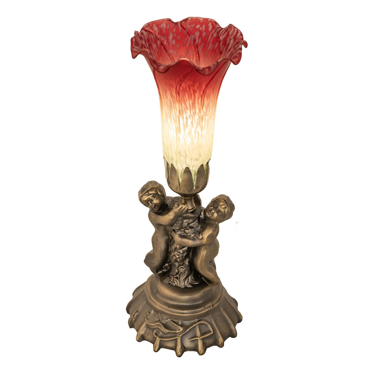 Lit twin cherub accent lamp with glowing red and white glass lily shade.