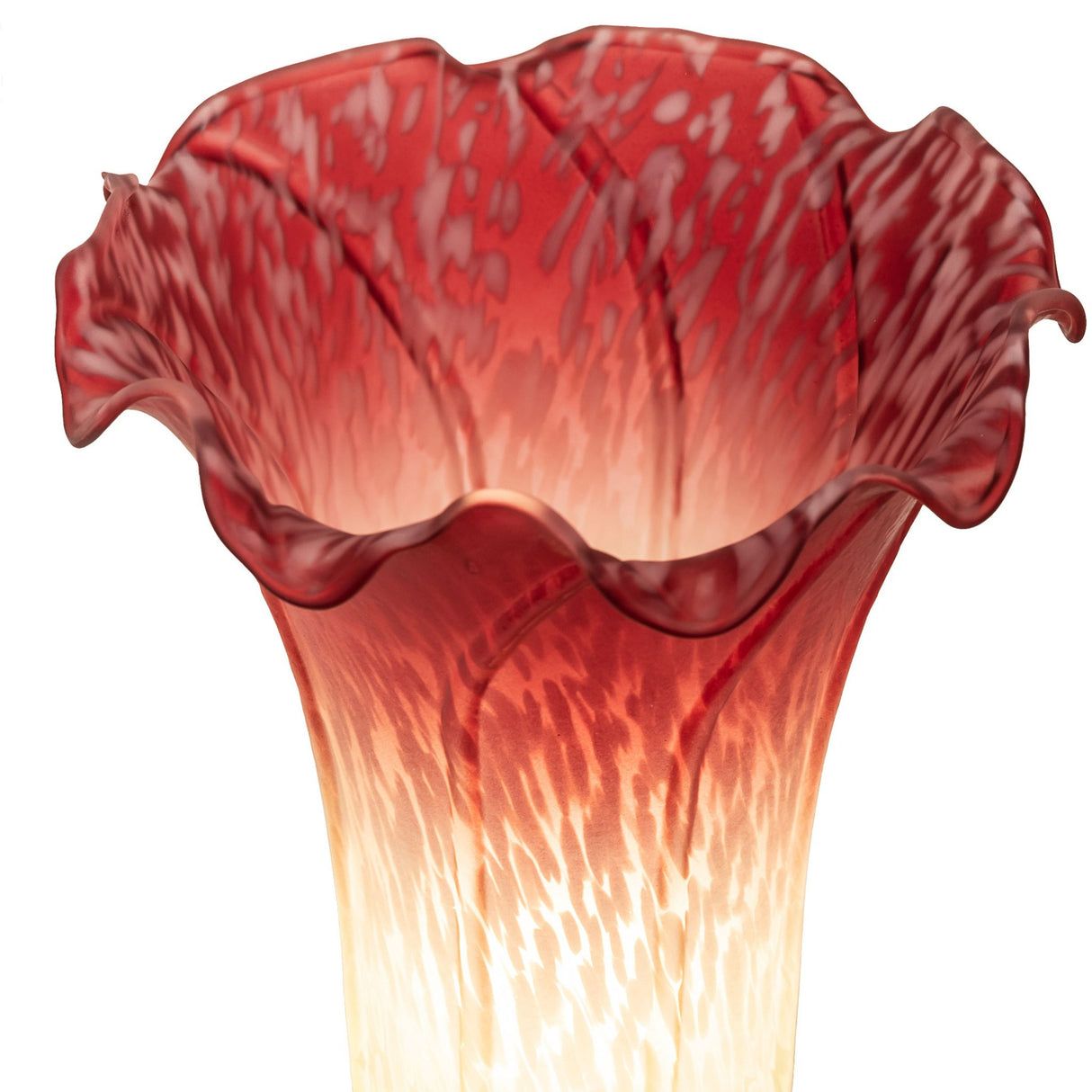 Close-up view of fluted cranberry and white art glass lily shade.