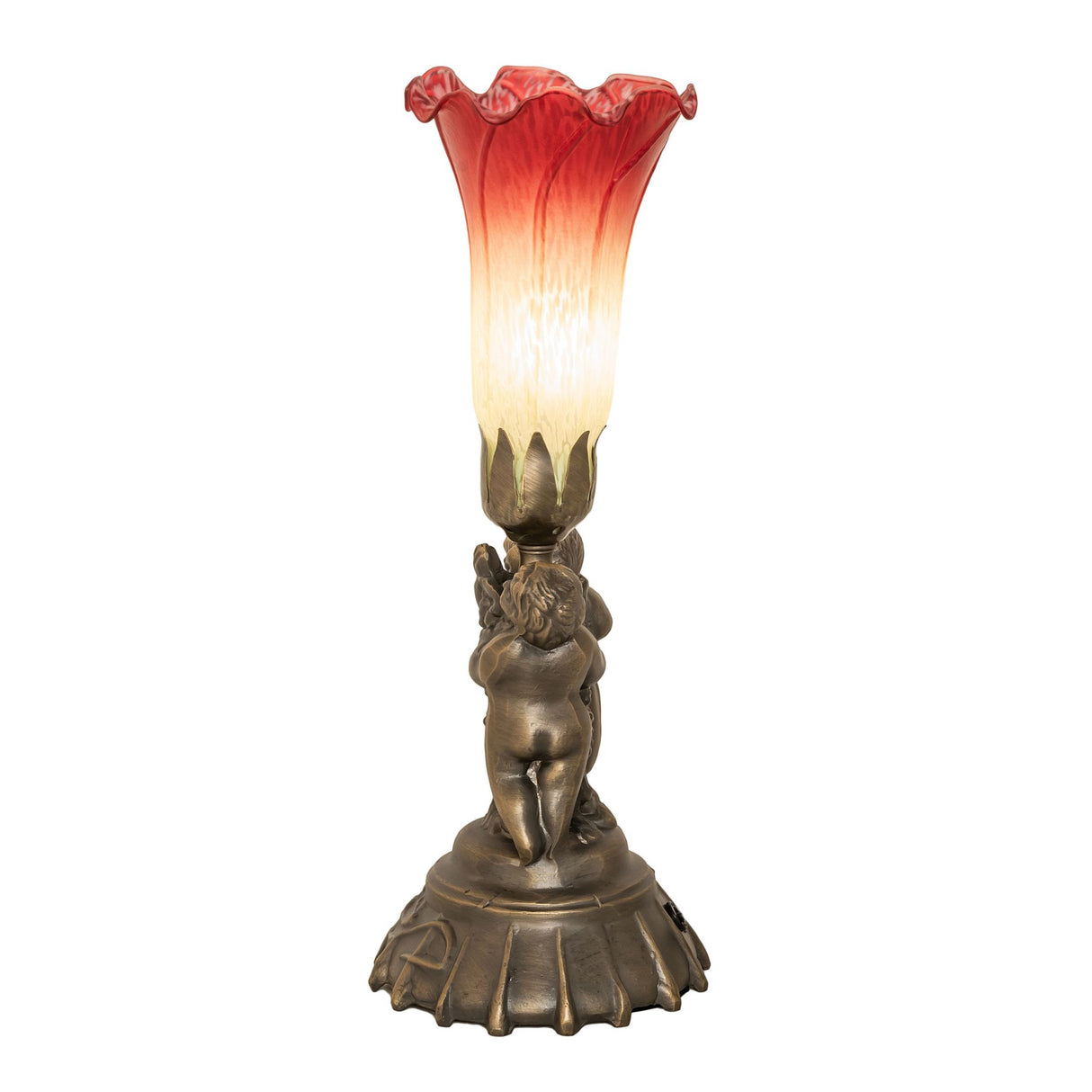 Side view of twin cherub lamp displaying glass shade gradient.