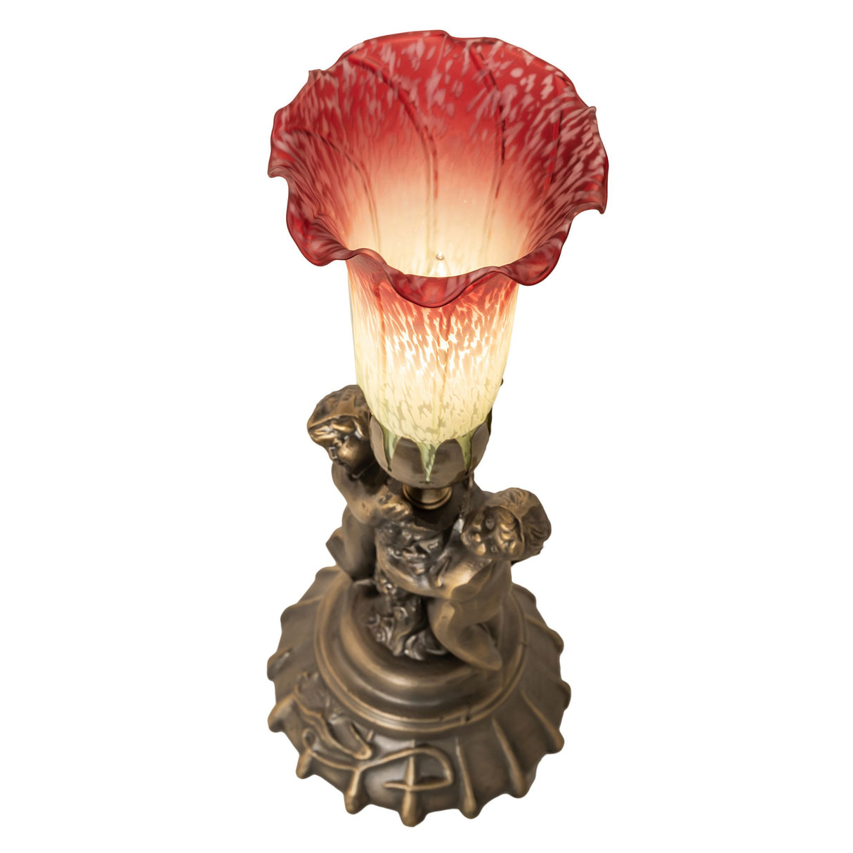 Top angle view of the red and white shade on the twin cherub lamp.