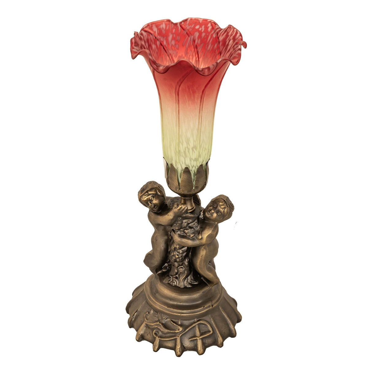 Unlit Tiffany-style twin cherub accent lamp with red and white pond lily shade.