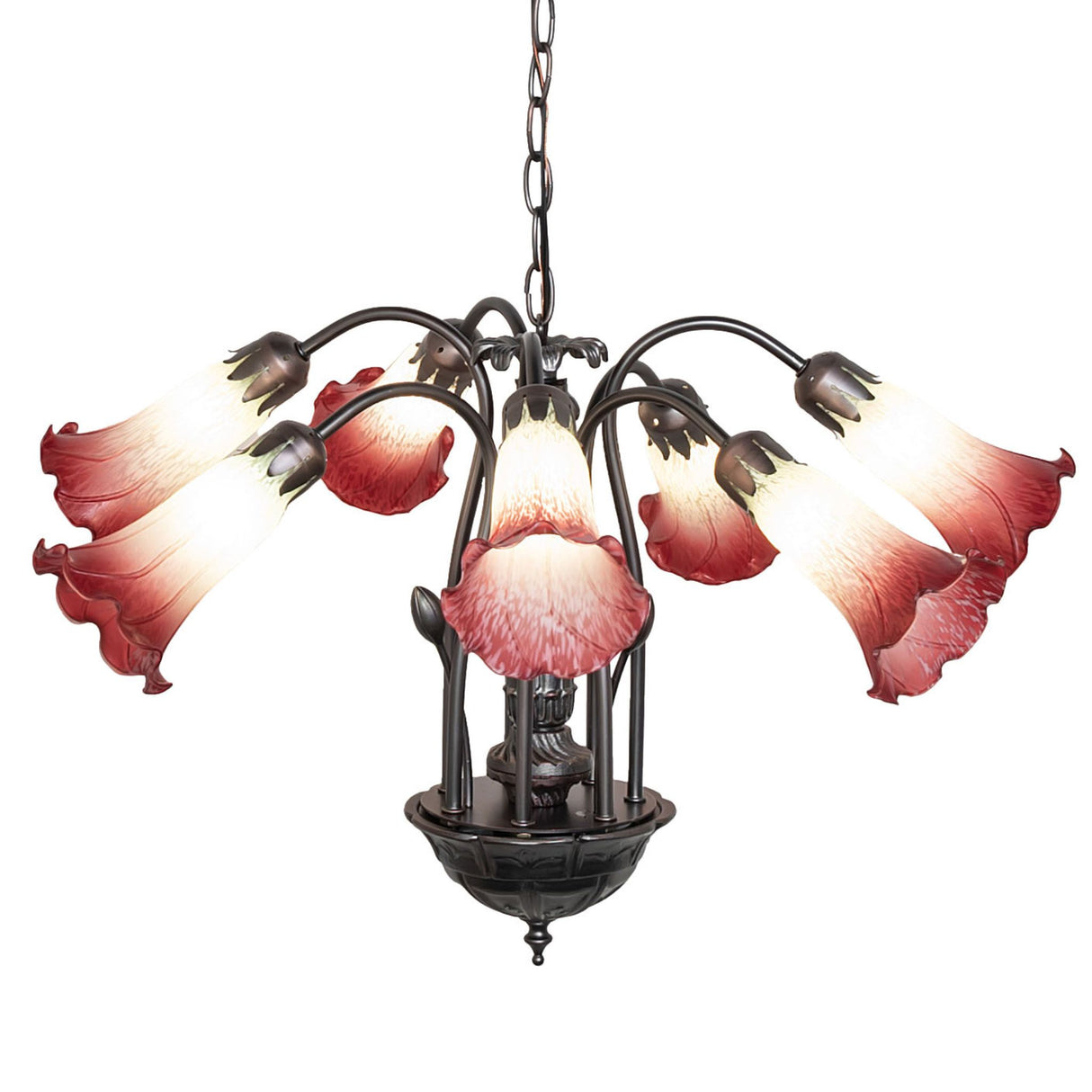 Illuminated seafoam and cranberry Tiffany chandelier with 7 lily-shaped lights.