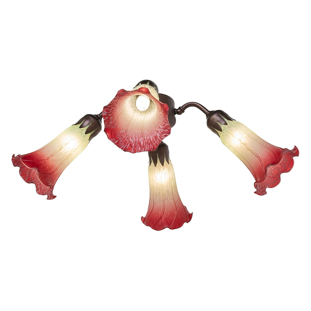 Angled view of the Tiffany Pond Lily fan light displaying its floral-inspired shape.