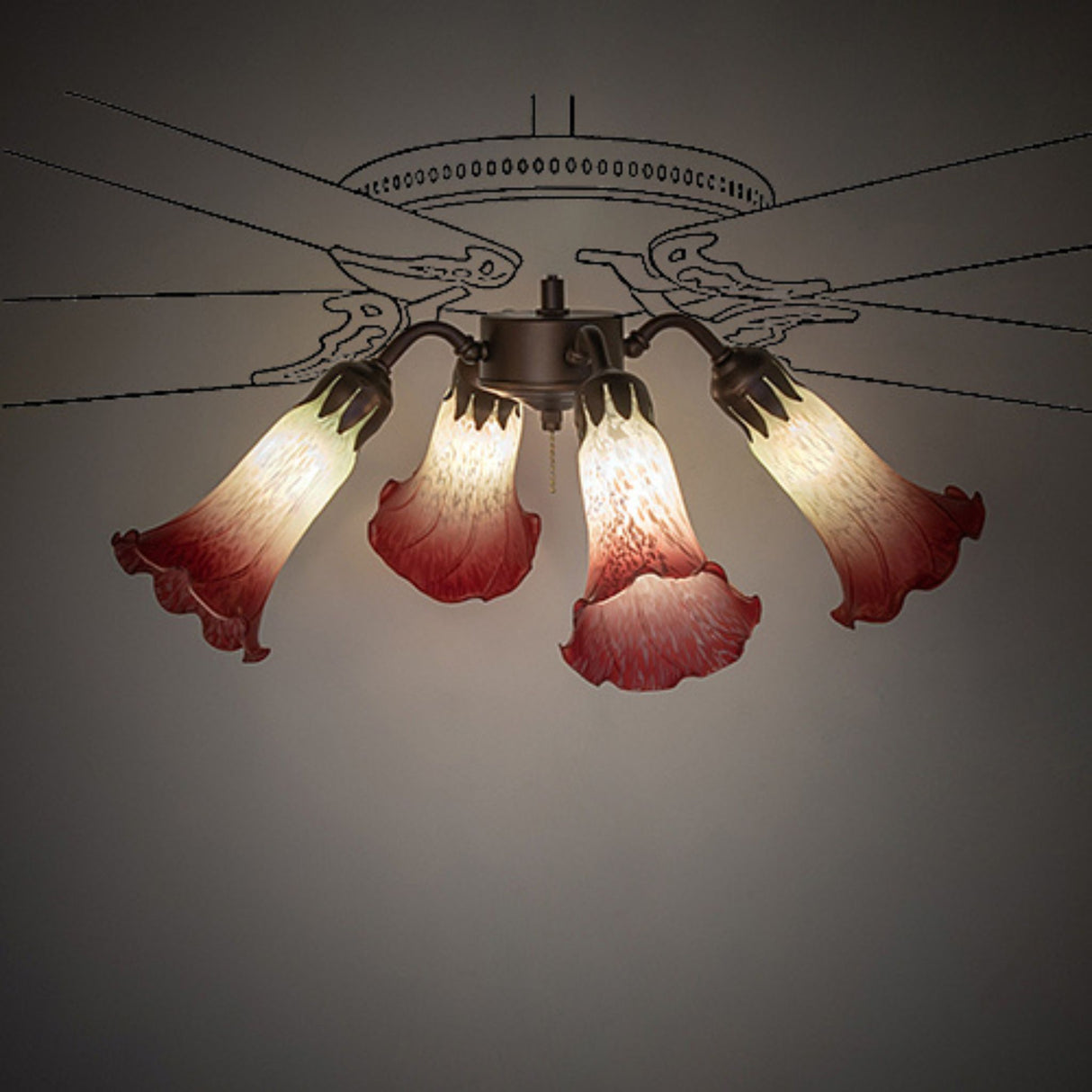 Lit Seafoam and cranberry Tiffany Pond Lily fan light illuminating with beautiful soft glow.