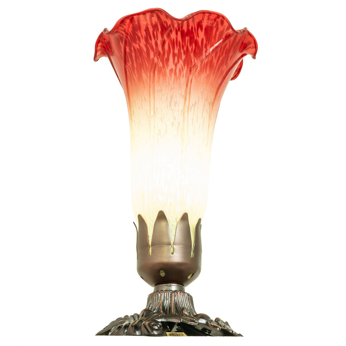 Frontal view of the Cranberry Victorian Accent Lamp with its flowing, hand-blown glass.
