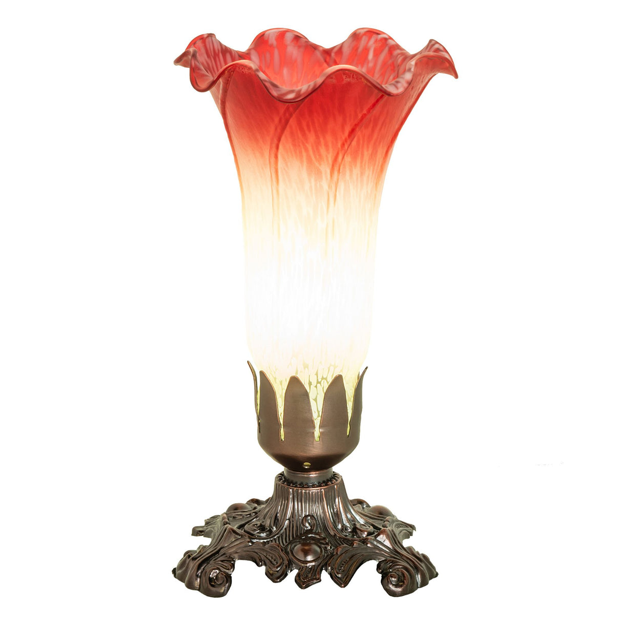 Lit view of the Cranberry Victorian Accent Lamp, highlighting its glowing art glass shade.