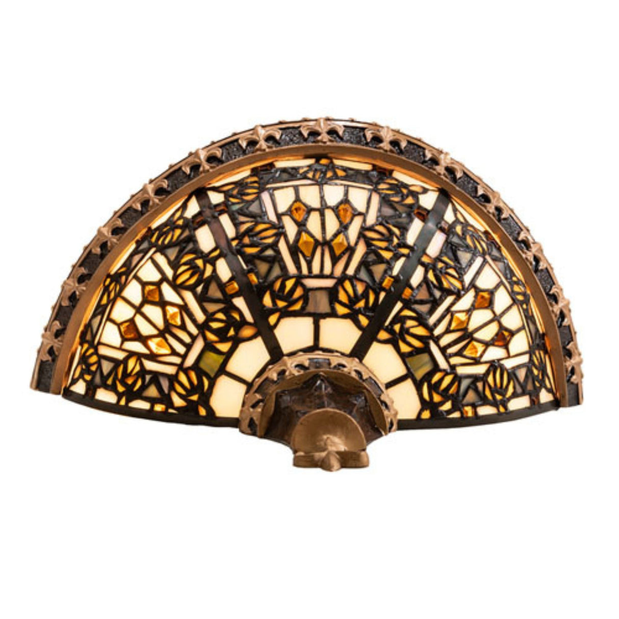 Semi-circle view of stained glass Fleur-de-lis wall sconce.