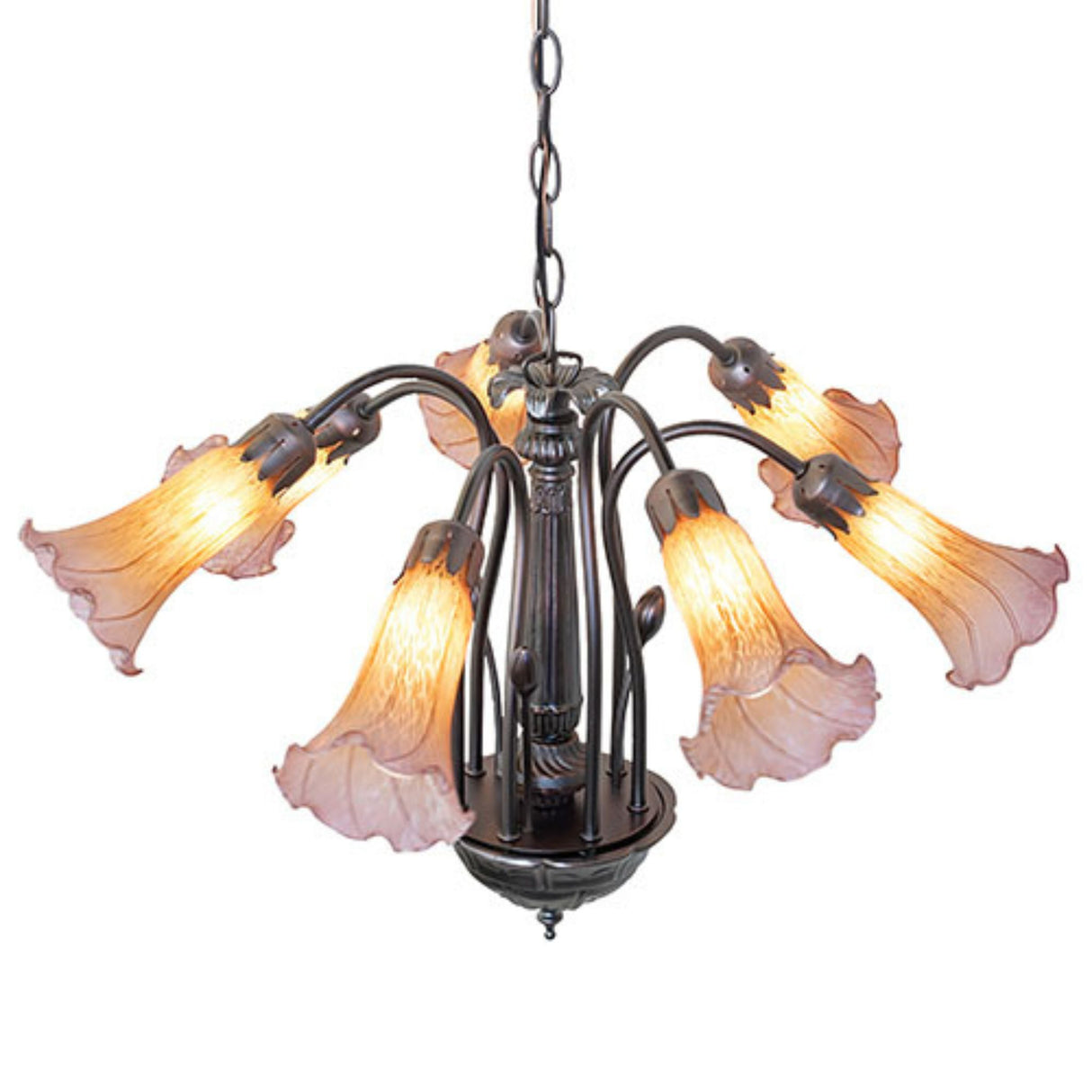 Seven-light chandelier with vibrant amber and purple Tiffany glass lily shades.