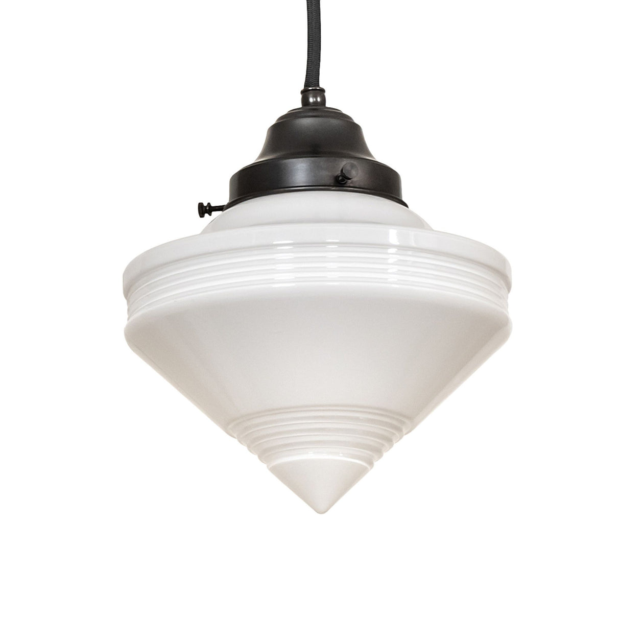 Side angle of 8-inch wide globe pendant with black metal finish.