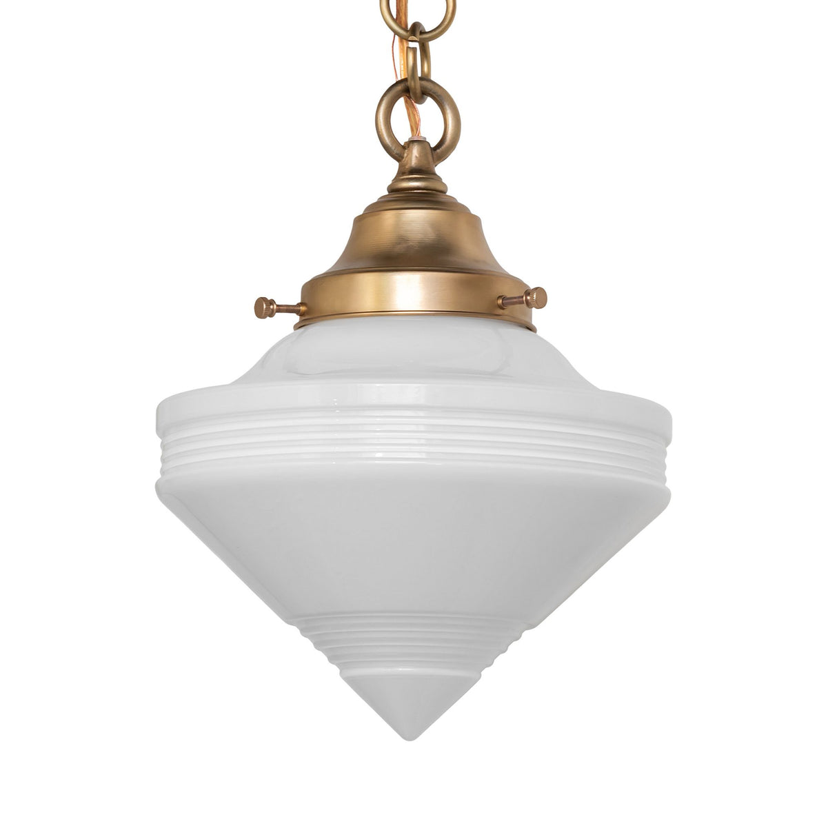 Side profile of brass pendant showcasing its cone-shaped globe.