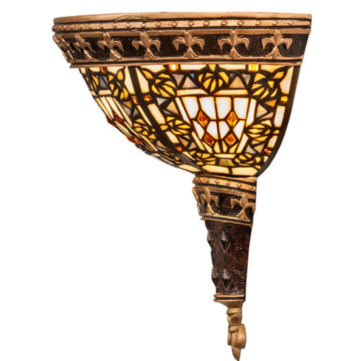 Side profile of Fleur-de-lis stained glass wall sconce.