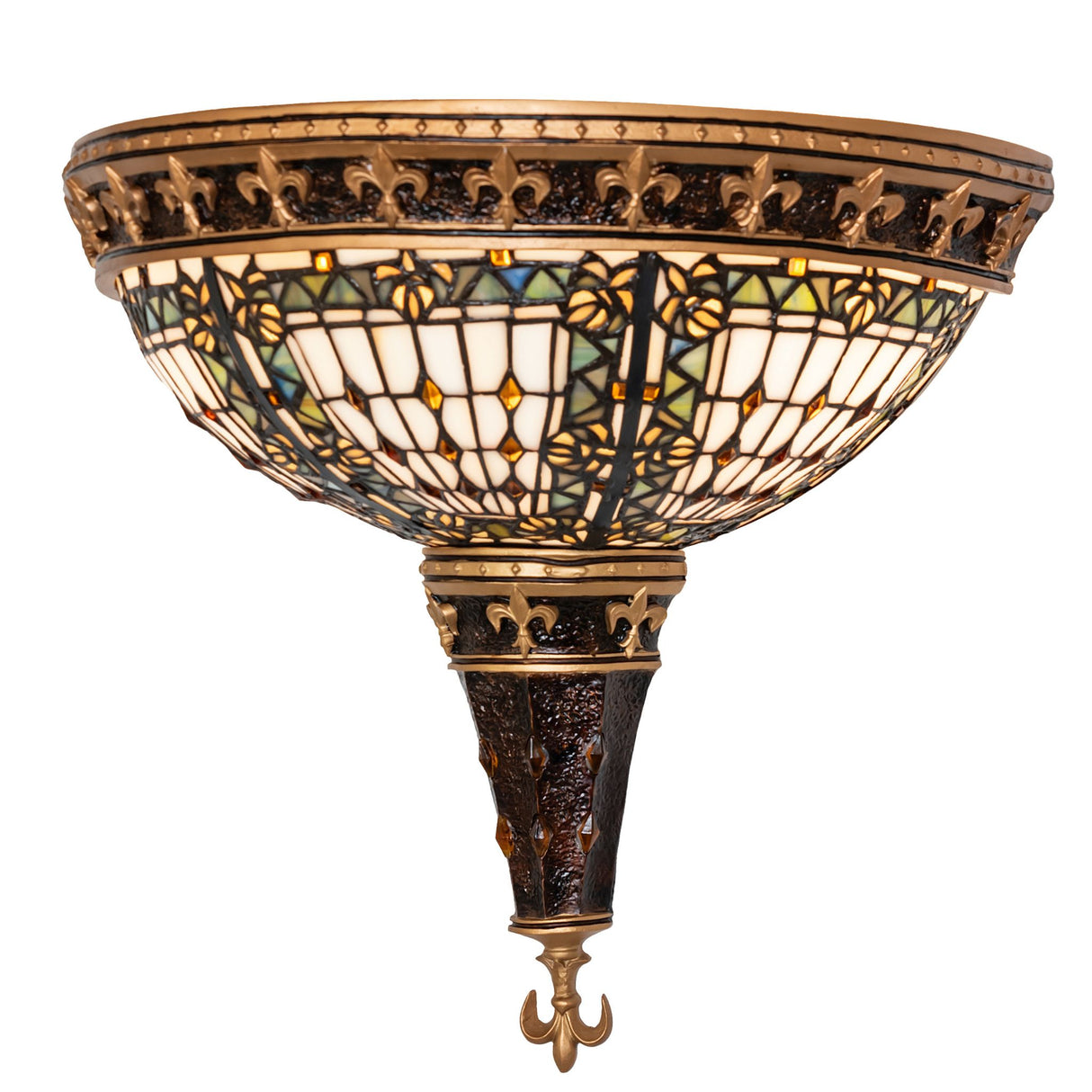 Full side view of Fleur-de-lis wall sconce with elegant stained glass and gold detailing.