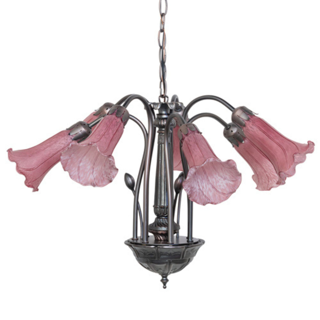 Side view of a lavender chandelier showcasing intricate lily-shaped glass designs and a dark bronze frame.