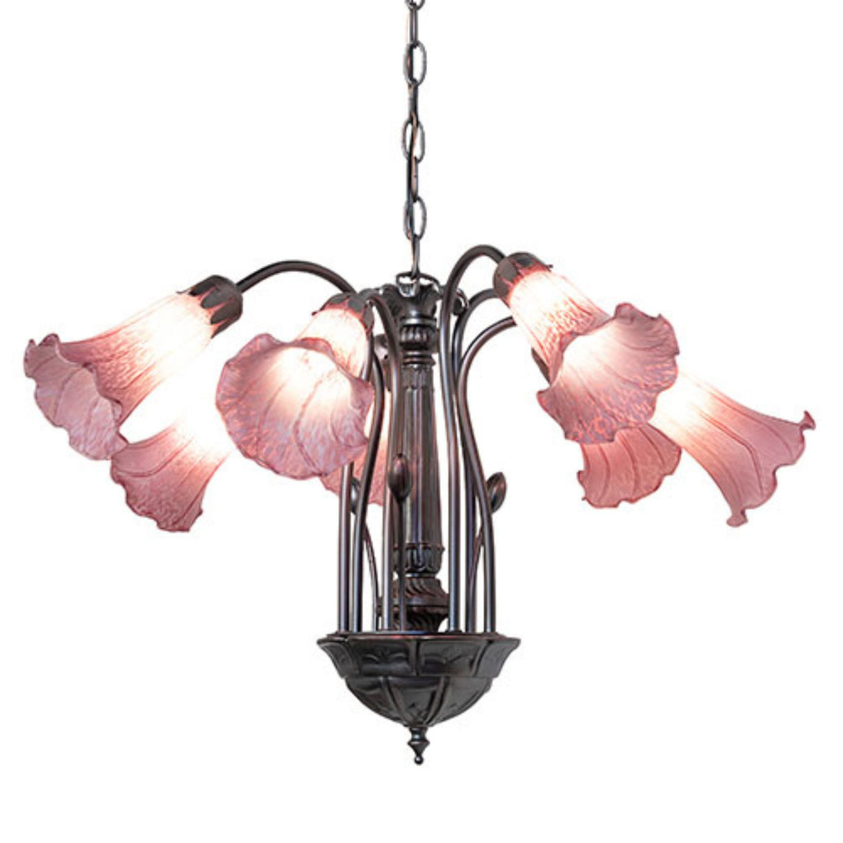 Side view of a lavender chandelier featuring delicately flared lily-shaped shades and a vintage-inspired dark metal frame.