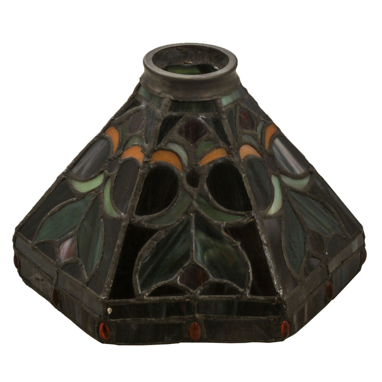Side view of a dark stained glass lampshade featuring muted floral designs.