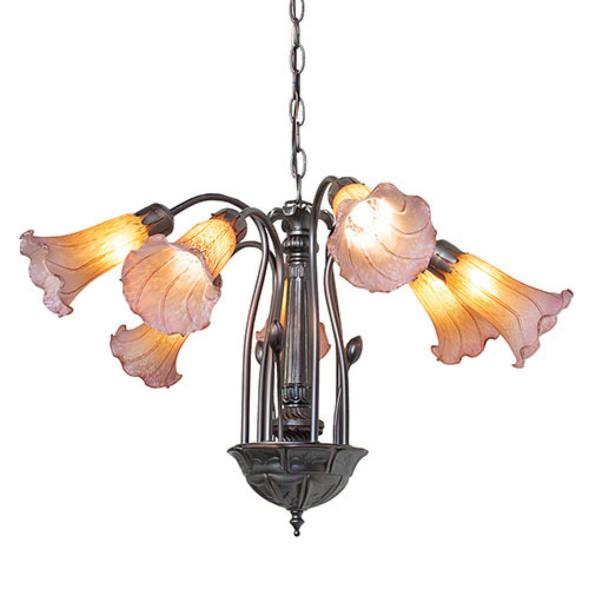 Side view of a Tiffany chandelier featuring amber and purple lily-inspired glass shades.
