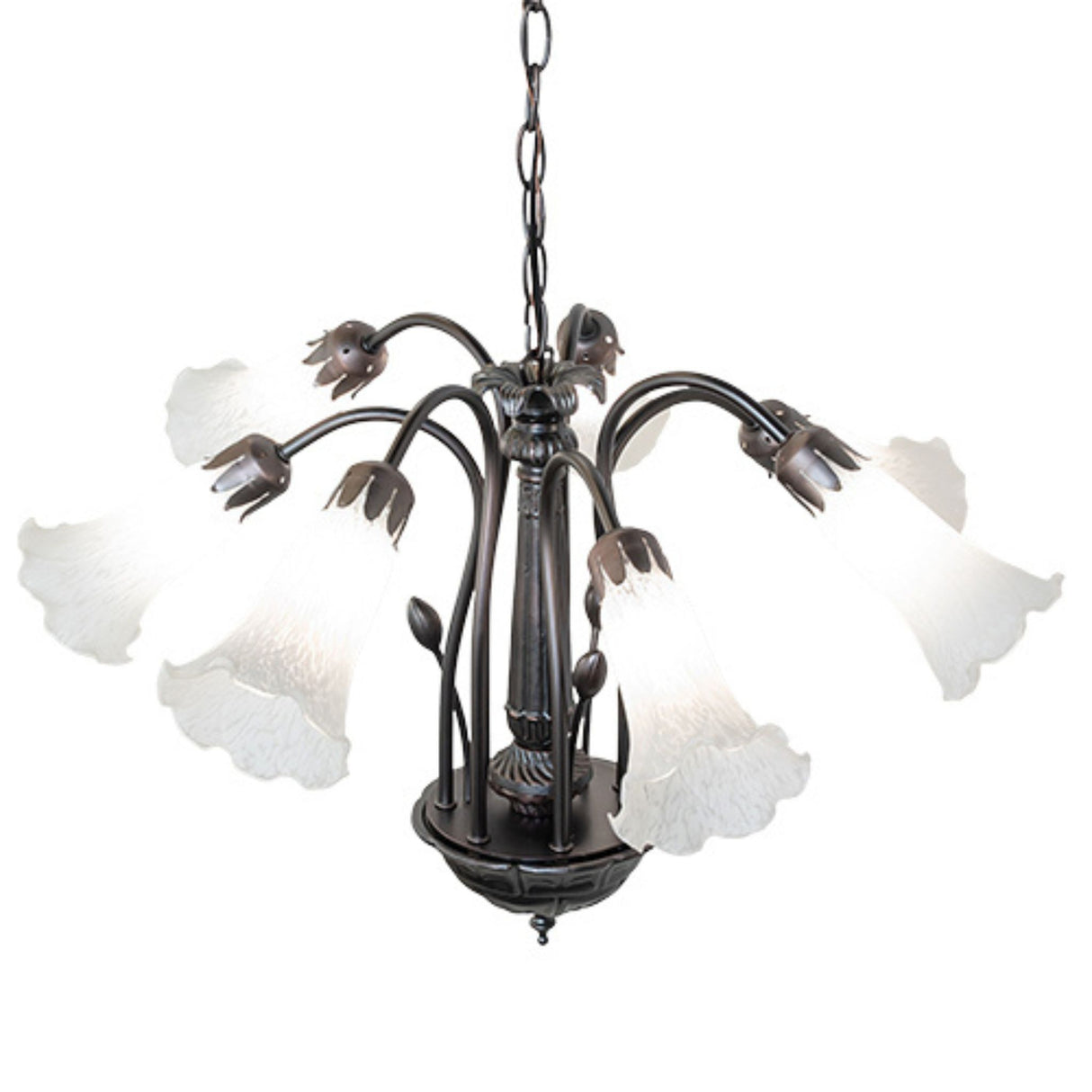 Side view of white Tiffany chandelier with lily-shaped glass shades