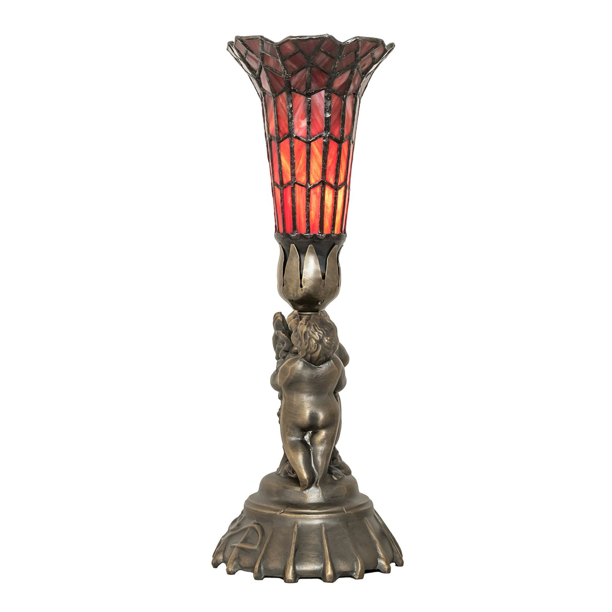 Side view of twin cherub base on a stained glass pond lily lamp with red glass shade.