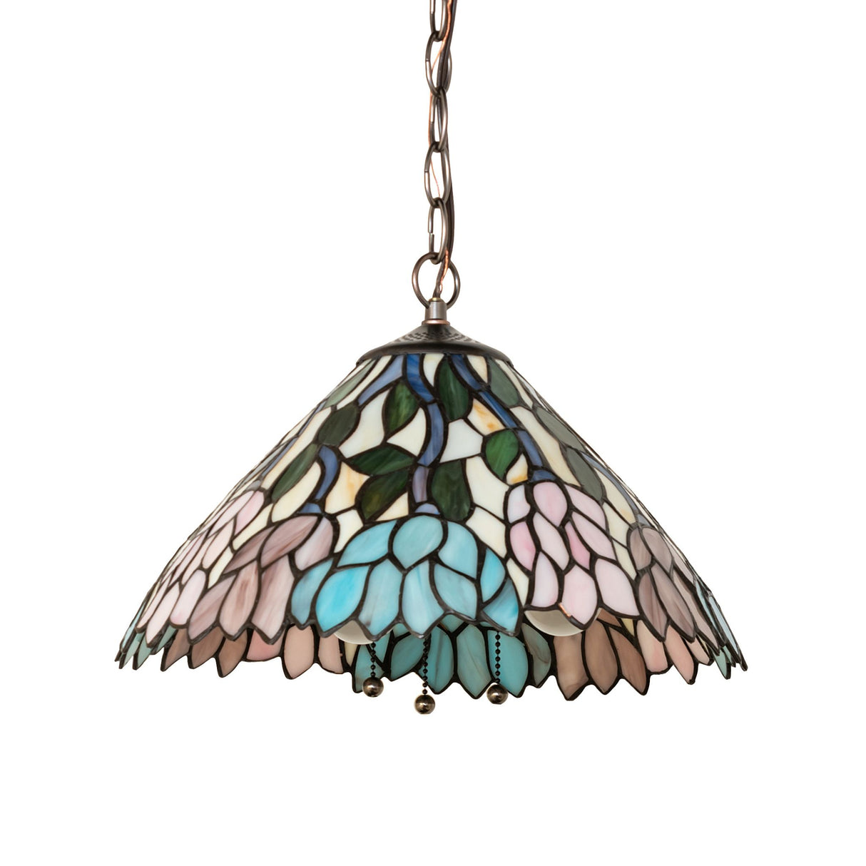 Side view of Wisteria pendant featuring stained glass design.