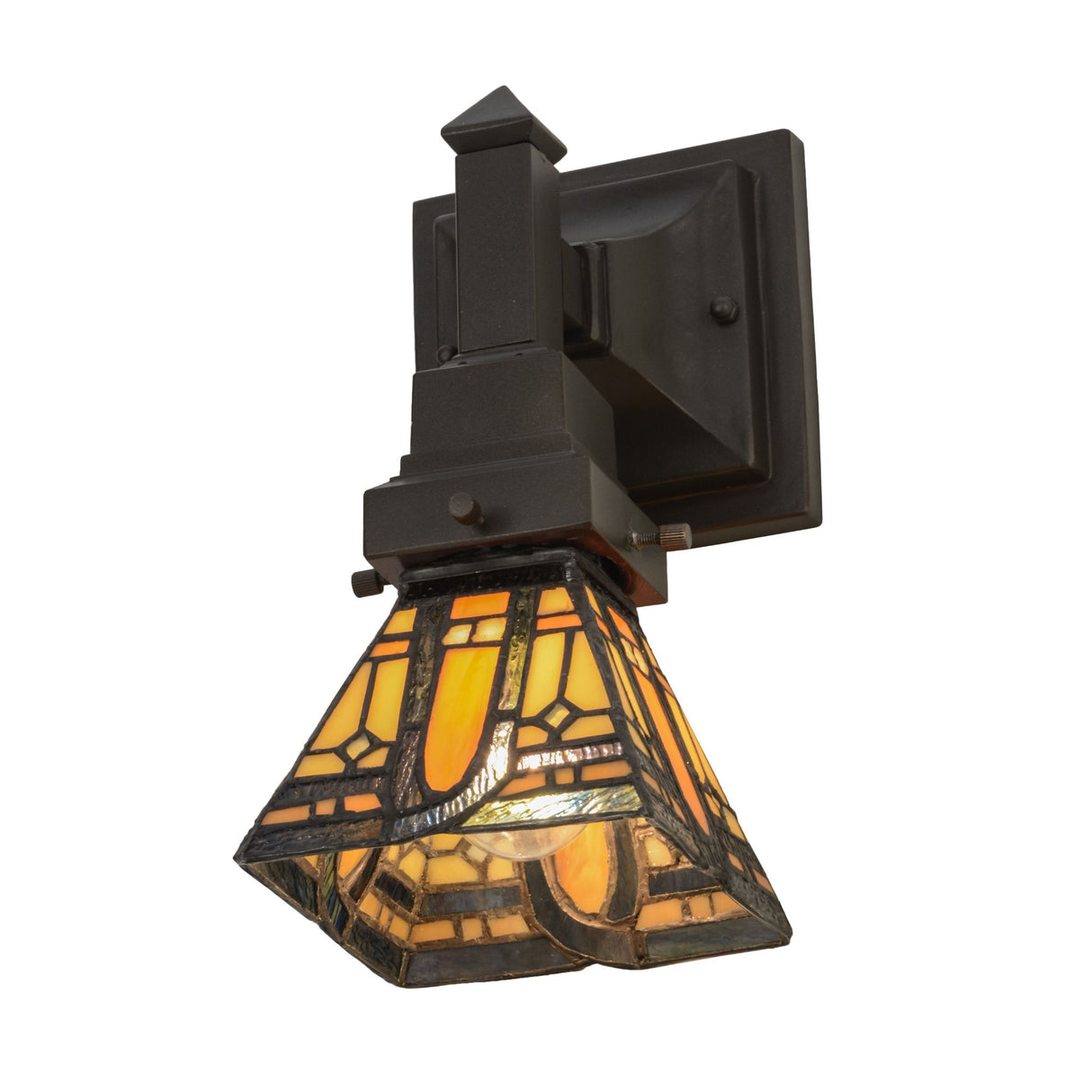 Angled view of Sierra Prairie Mission wall sconce highlighting rich colors