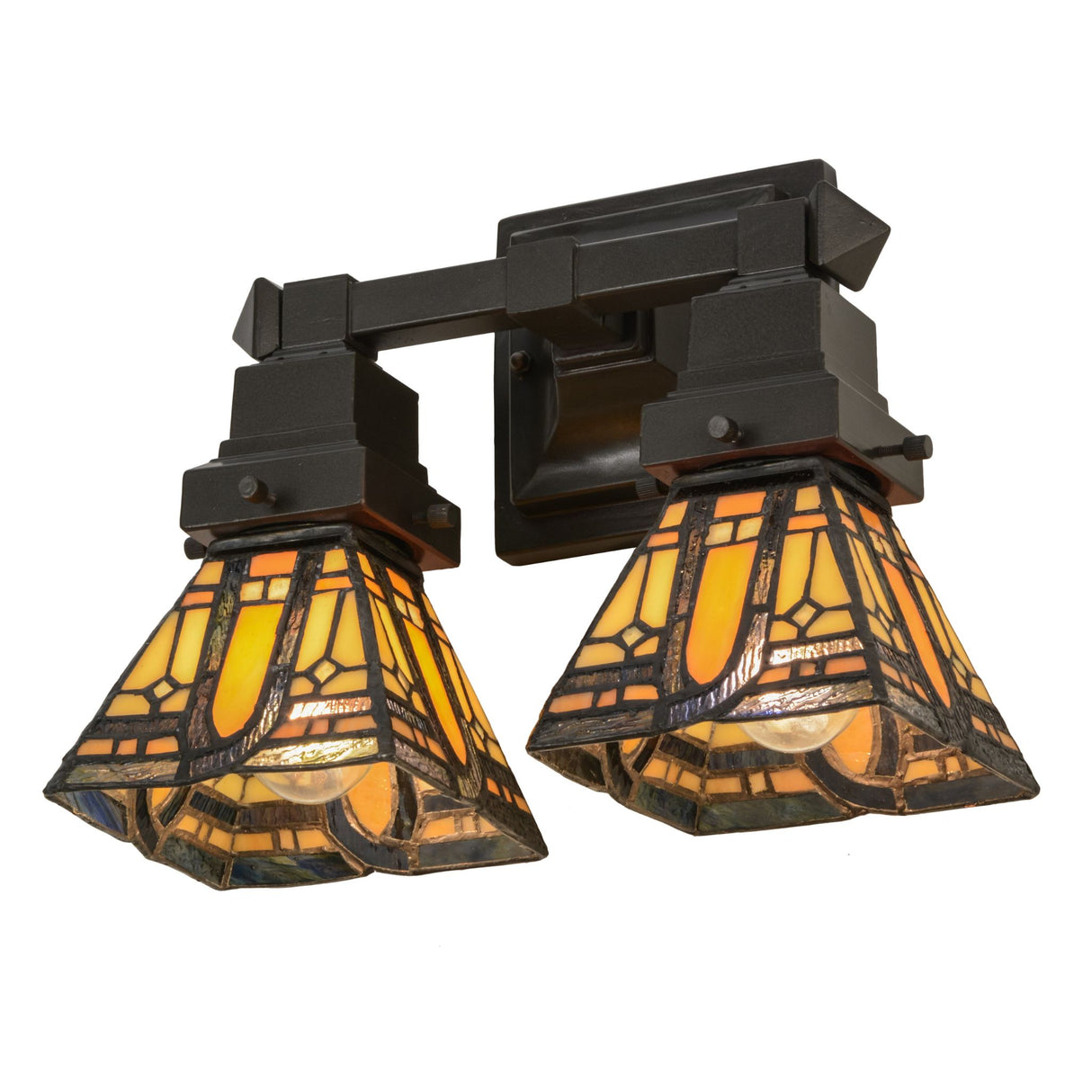 Angled view of Sierra Prairie Mission wall sconce with mahogany bronze finish.