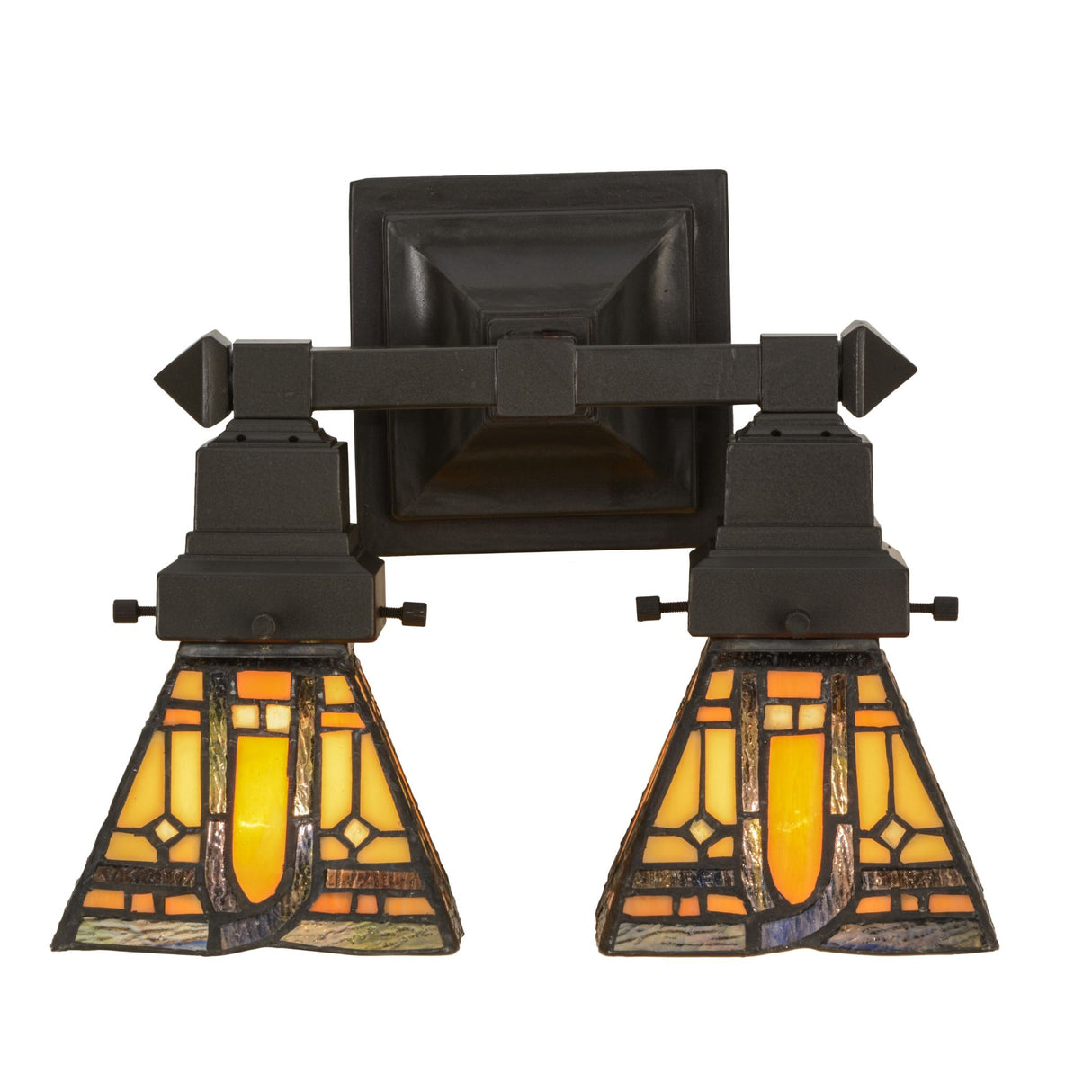 Close-up of Sierra Prairie Mission wall sconce highlighting stained glass details.