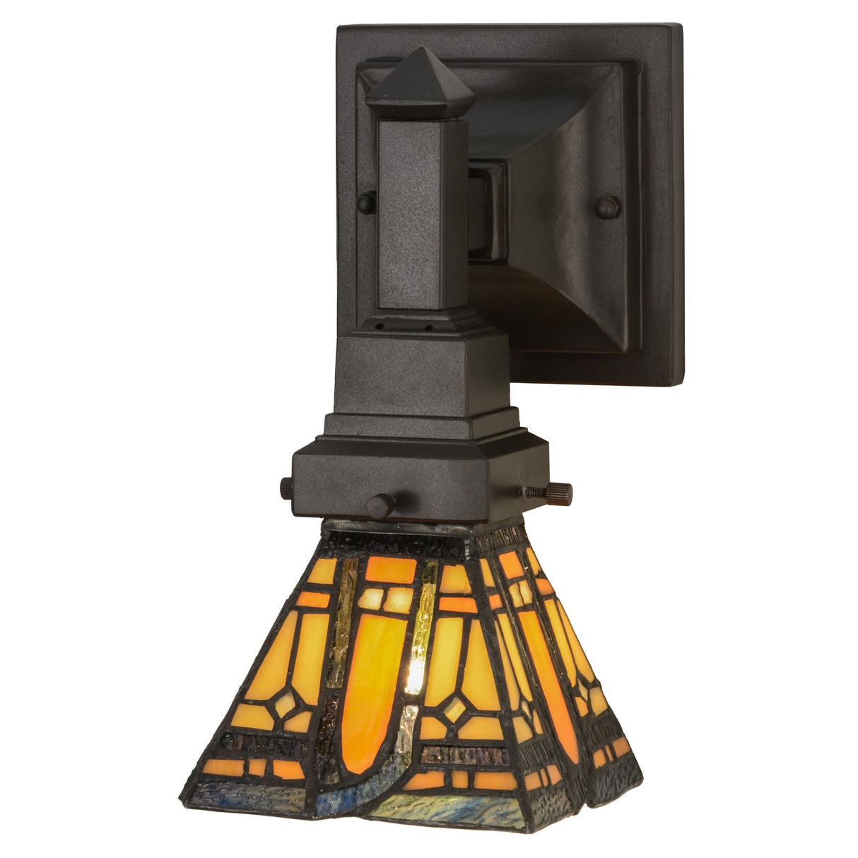 Sierra Prairie Mission wall sconce with stained glass shade and Mahogany Bronze finish.