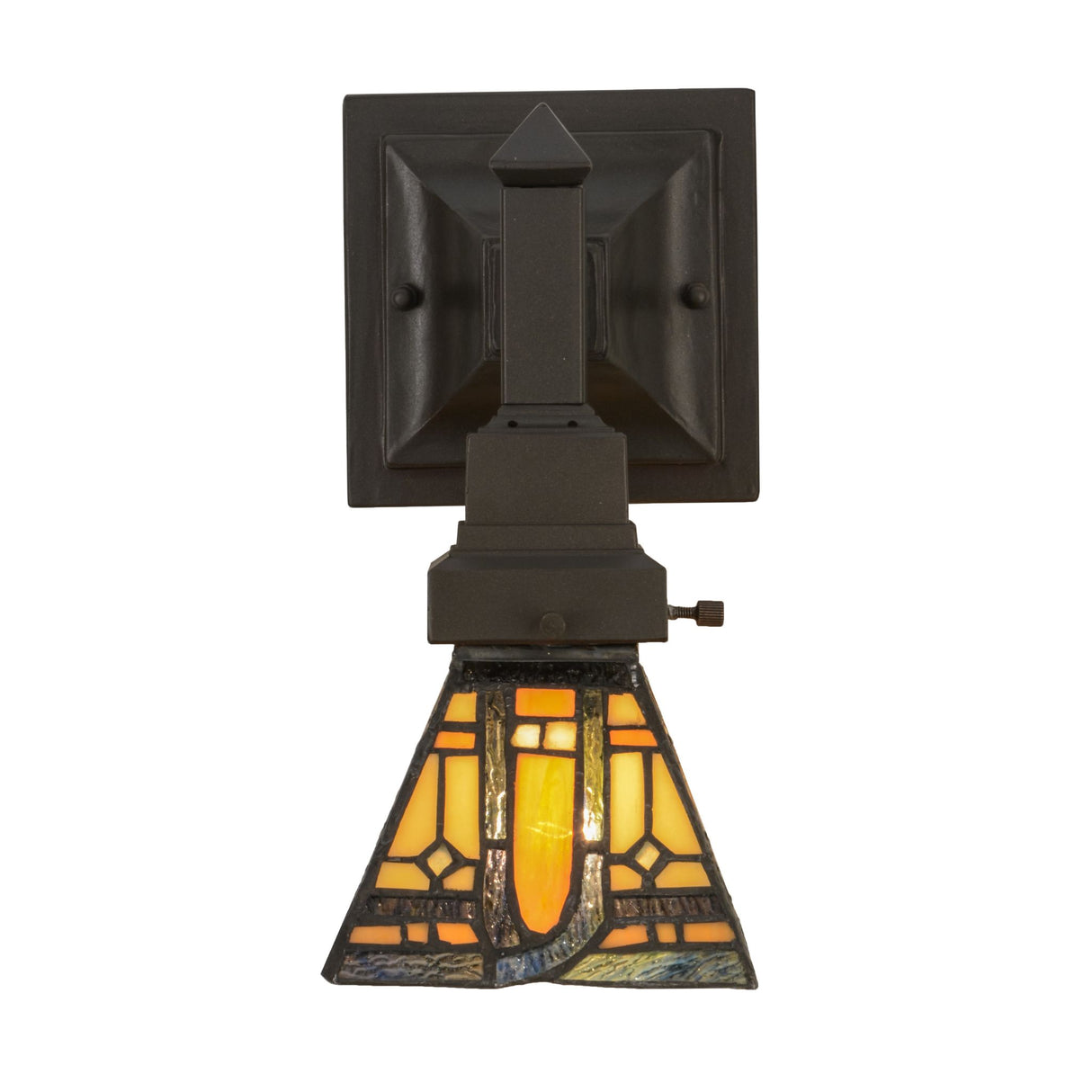 Front view of Prairie Mission wall sconce showcasing detailed stained glass work.