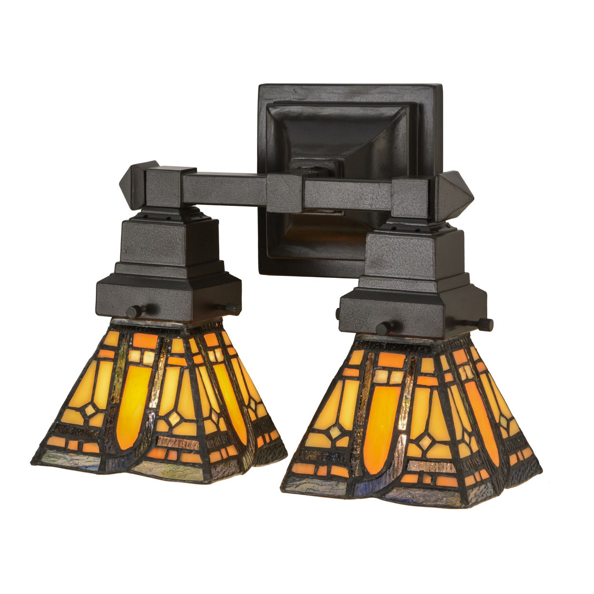 Front view of Sierra Prairie Mission wall sconce with dual stained glass shades in beige and honey tones.