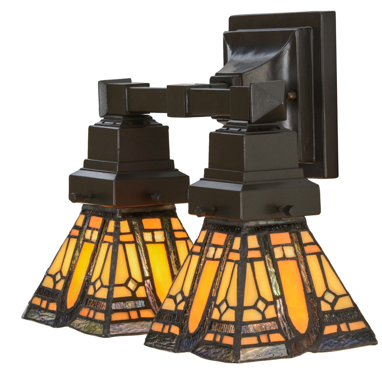 Illuminated Sierra Prairie Mission wall sconce showcasing warm amber glow.