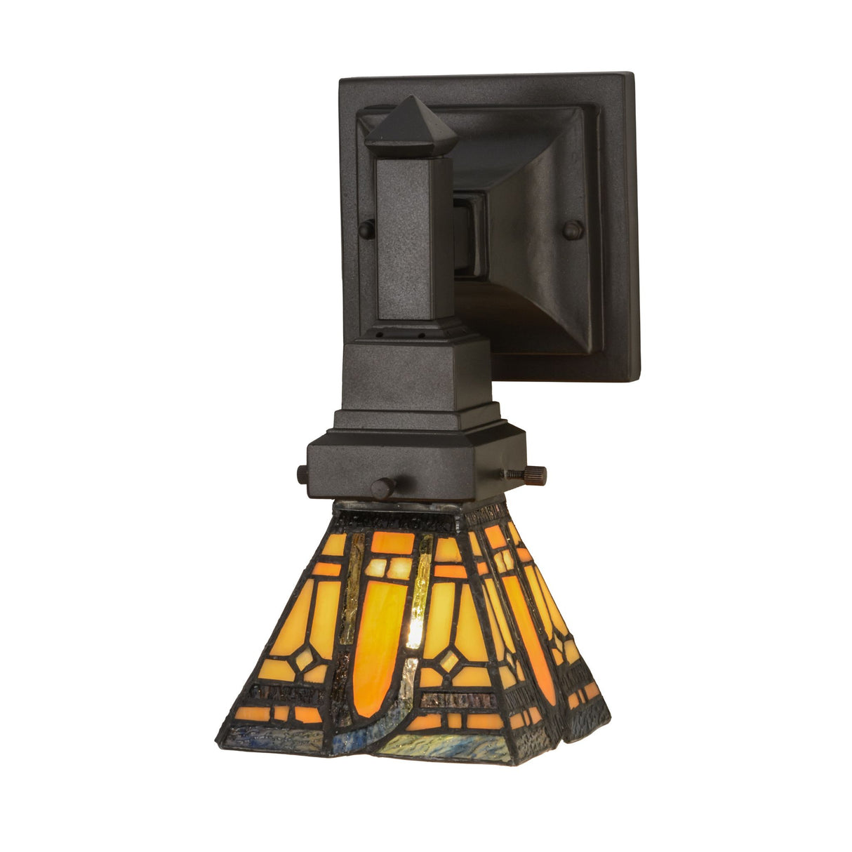 Sierra Prairie Mission Wall Sconce with illuminated stained-glass shade.