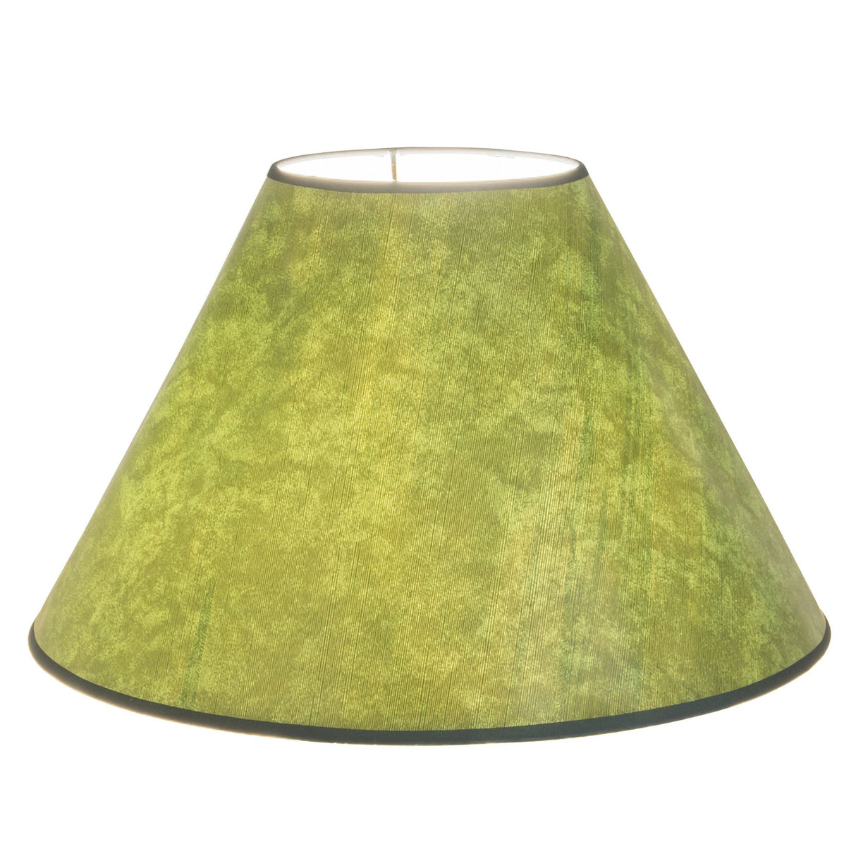lit view of simple fabric shade in hunter green emitting warm light.
