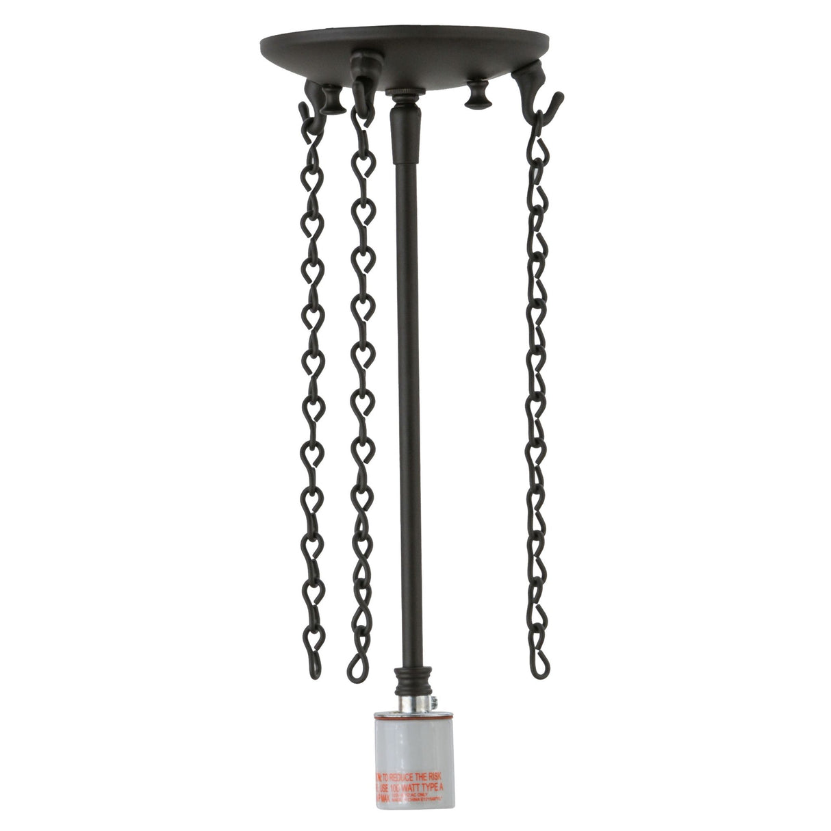 Single light inverted pendant hanger with three hooks in oil-rubbed bronze finish.