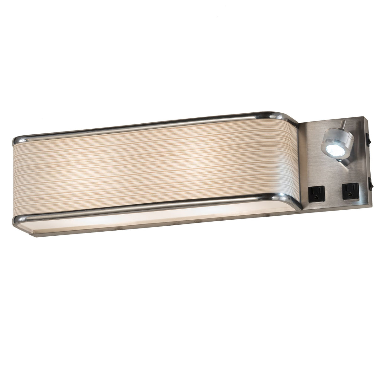 Sleek 24-inch wall sconce featuring curved design and integrated outlets.