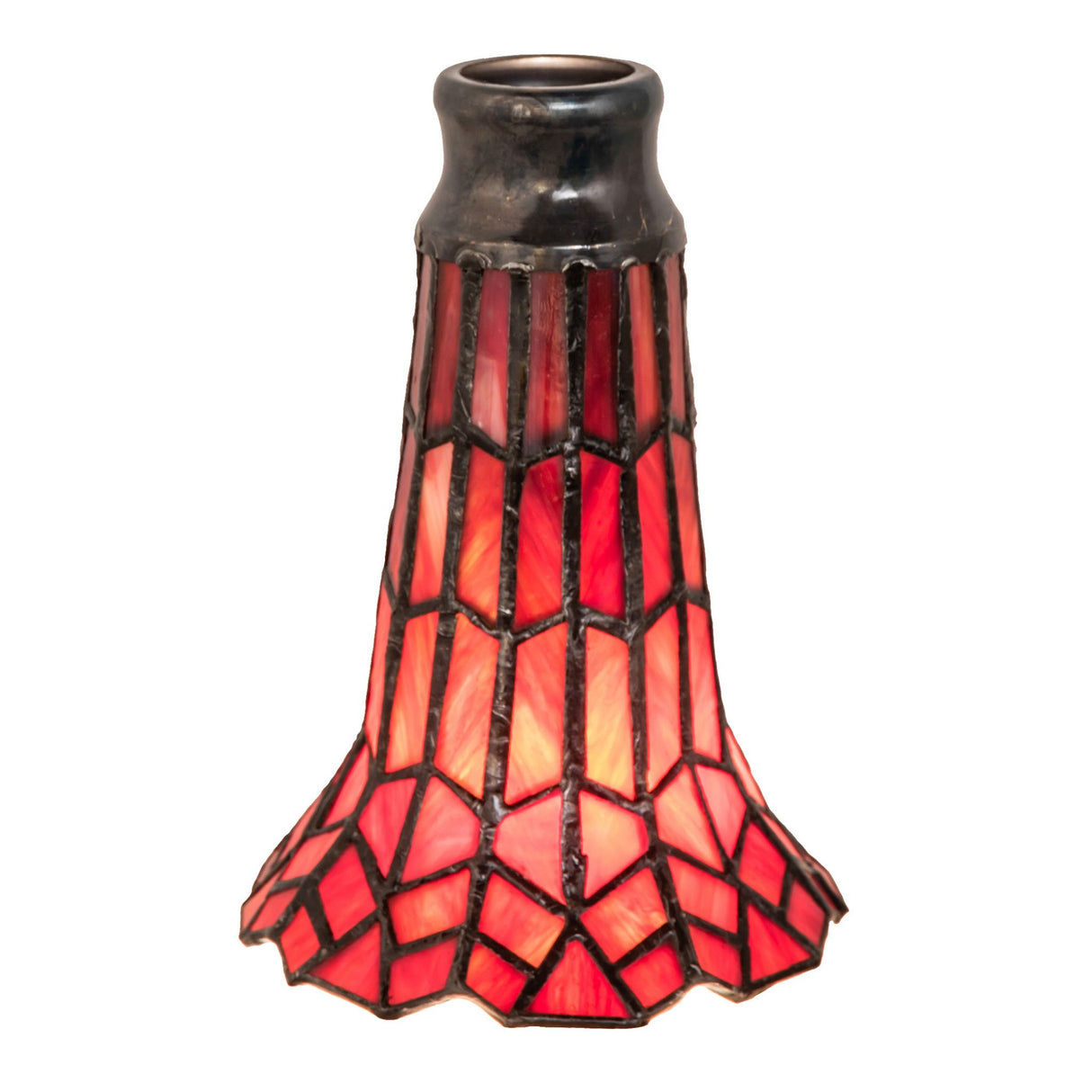 Small stained glass pond lily shade with flared base and vivid red design.