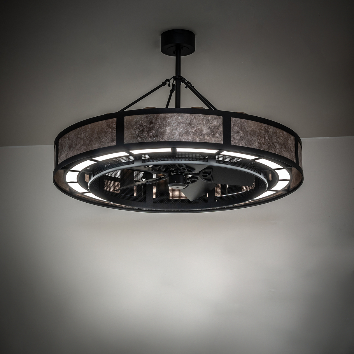 Smythe Craftsman Chandel-Air chandelier fan unlit showing modern industrial form.