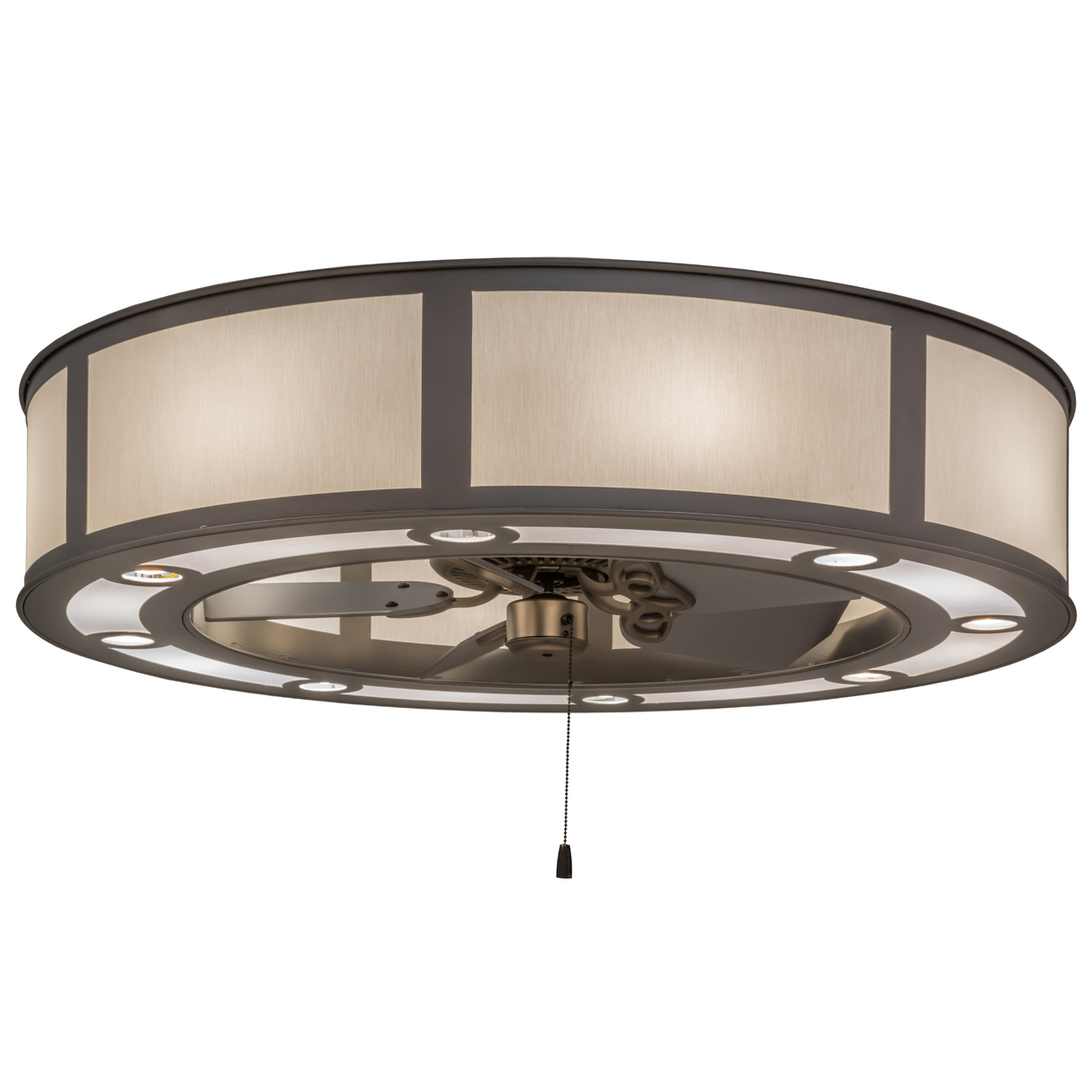 Smythe Craftsman Chandel-Air with Nickel finish and illuminated diffuser.