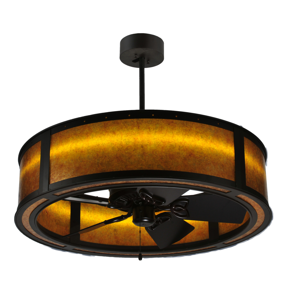 Bottom angle view showing integrated fan beneath mica drum shade.