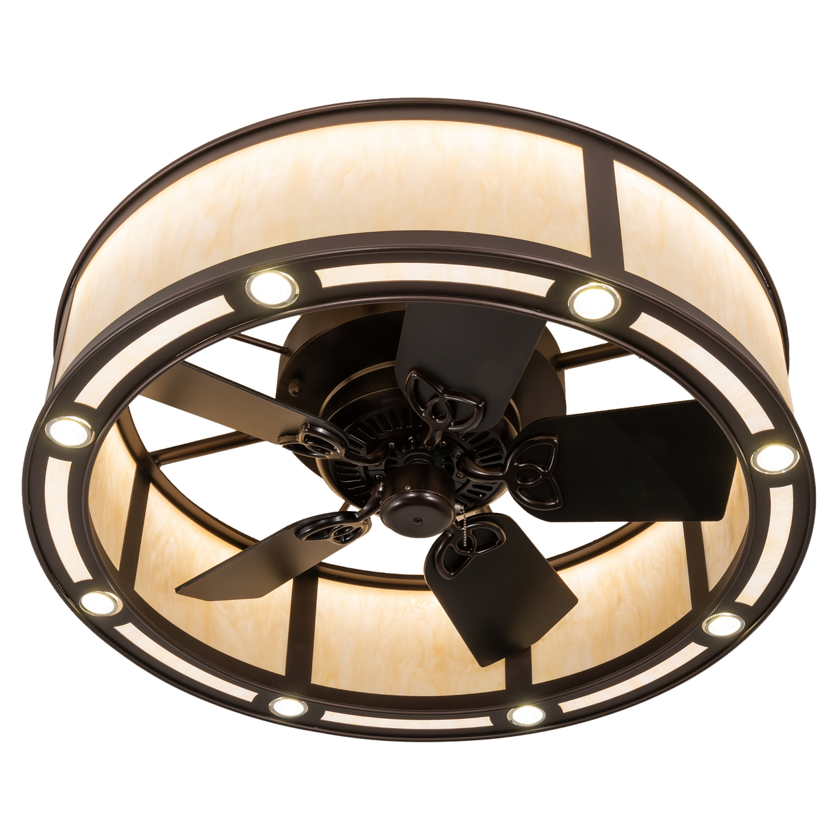 Bottom angle lit view showing fan blades and circular downlights.
