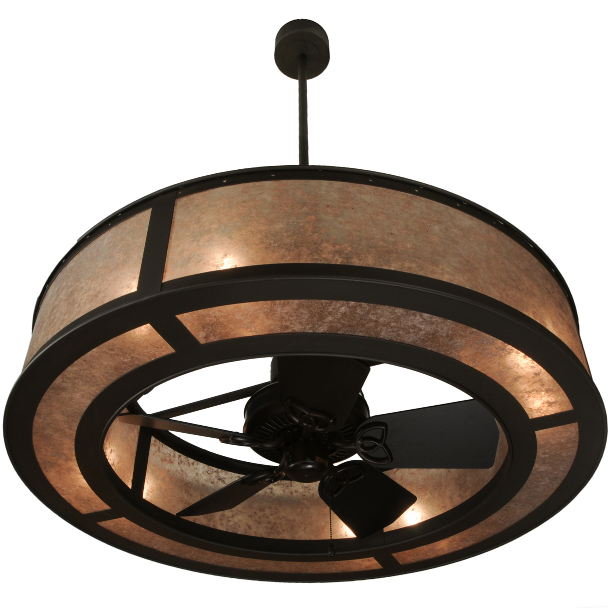 Bottom angle lit view showing fan blades and warm mica glow.