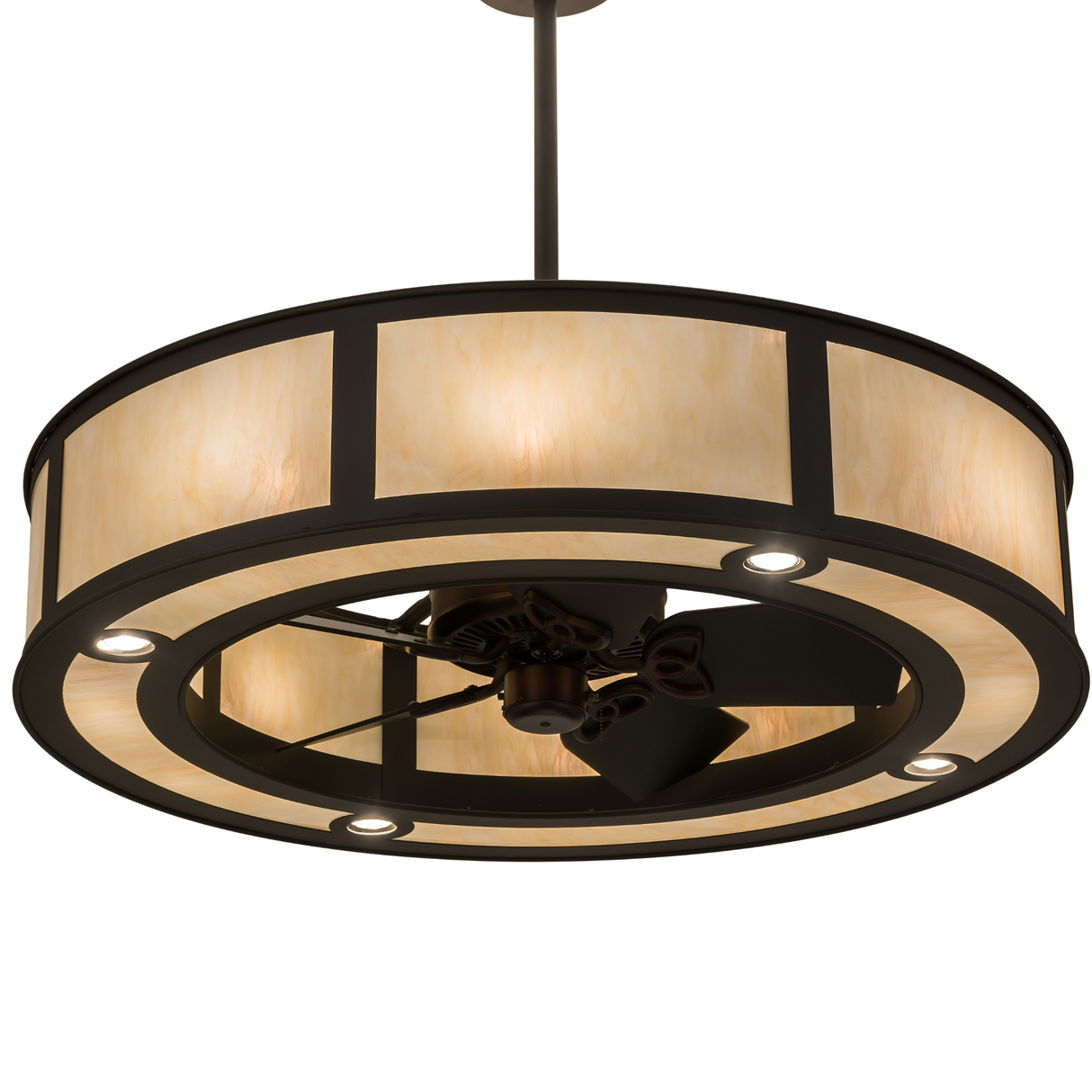 Bottom angled lit view with fan blades and downward illumination.