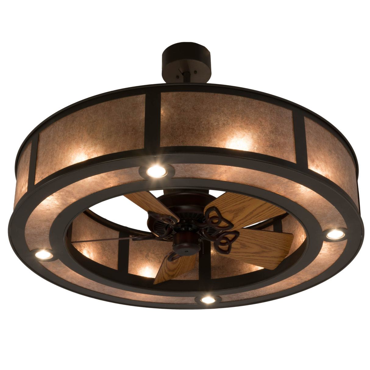 Bottom angled lit view focusing on fan blades and downlights.