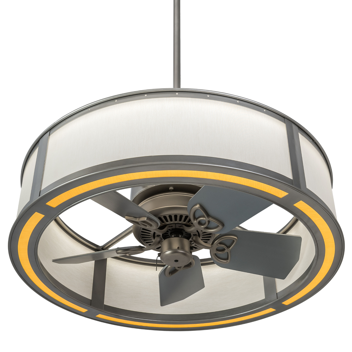 Detailed view of Beige Linen shade with Faux Maplewood diffuser trim.