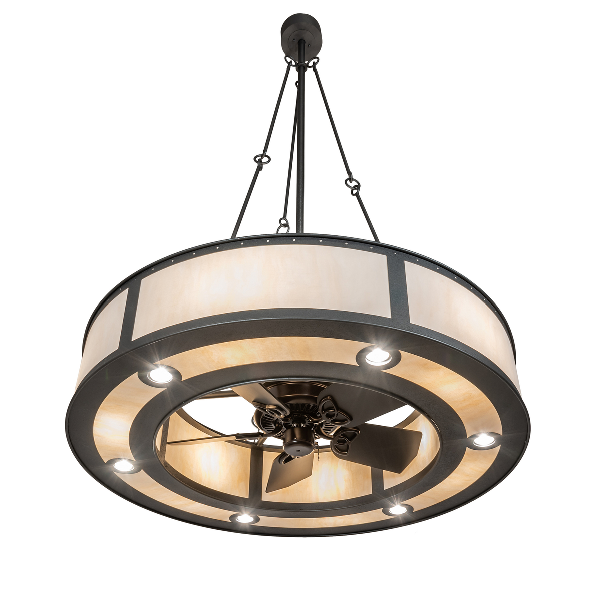 Bottom angled view highlighting fan integration and downlights.