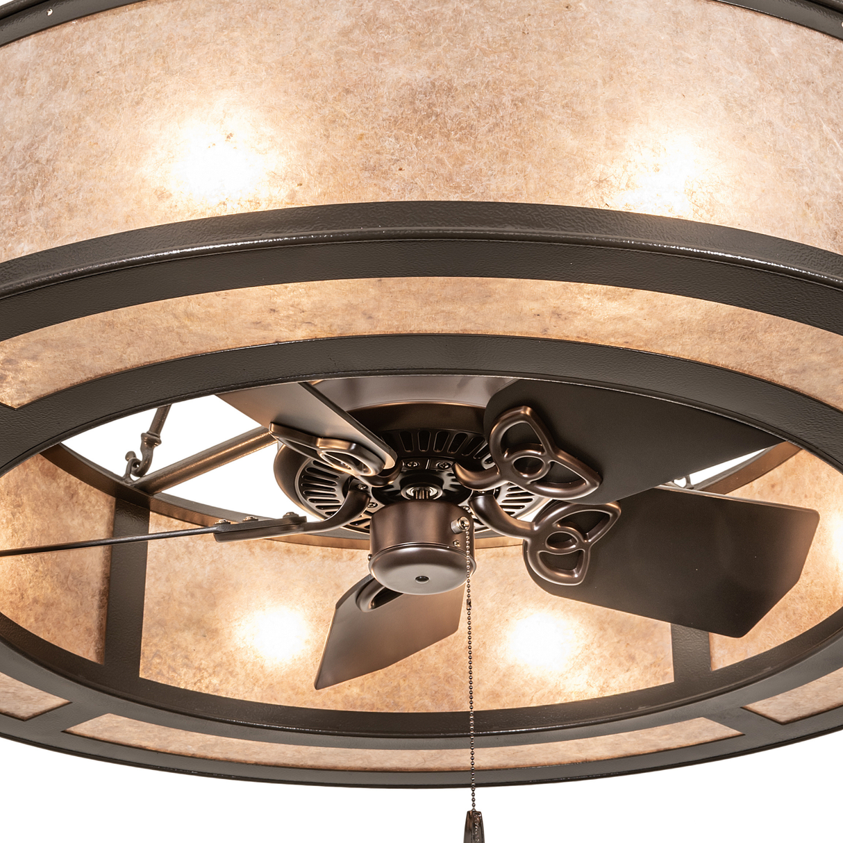 Smythe Craftsman Chandel-Air closeup bottom view with illuminated mica panels and fan detail.
