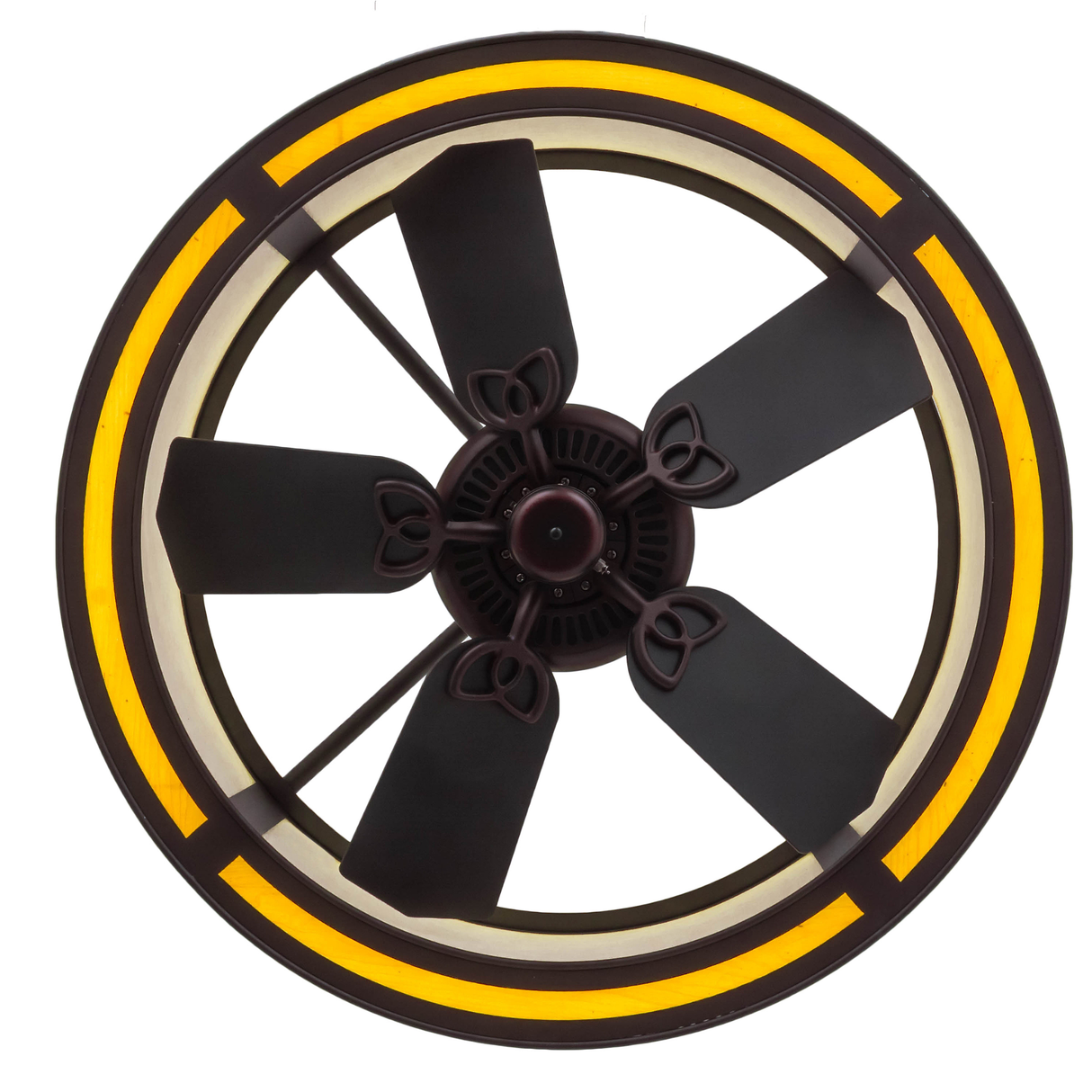 Bottom lit view showing fan blades framed by warm LED ring light.