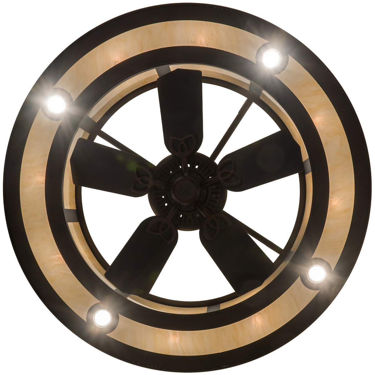 Bottom lit view showing centered fan and soft amber lighting.