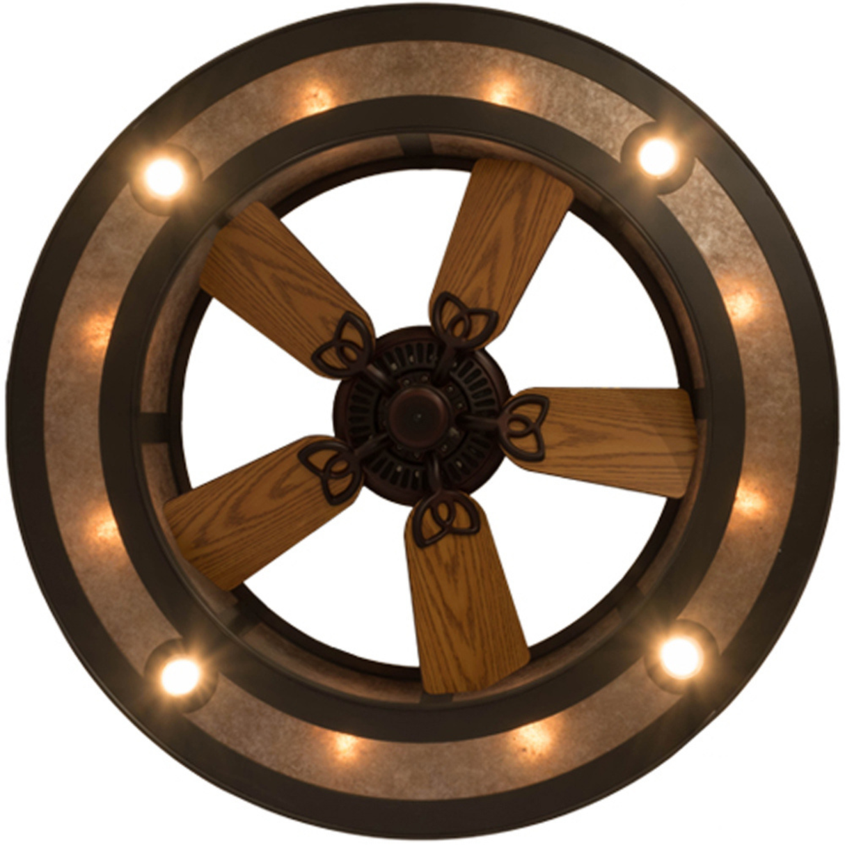 Bottom lit view showing circular fan blades and even light spread.