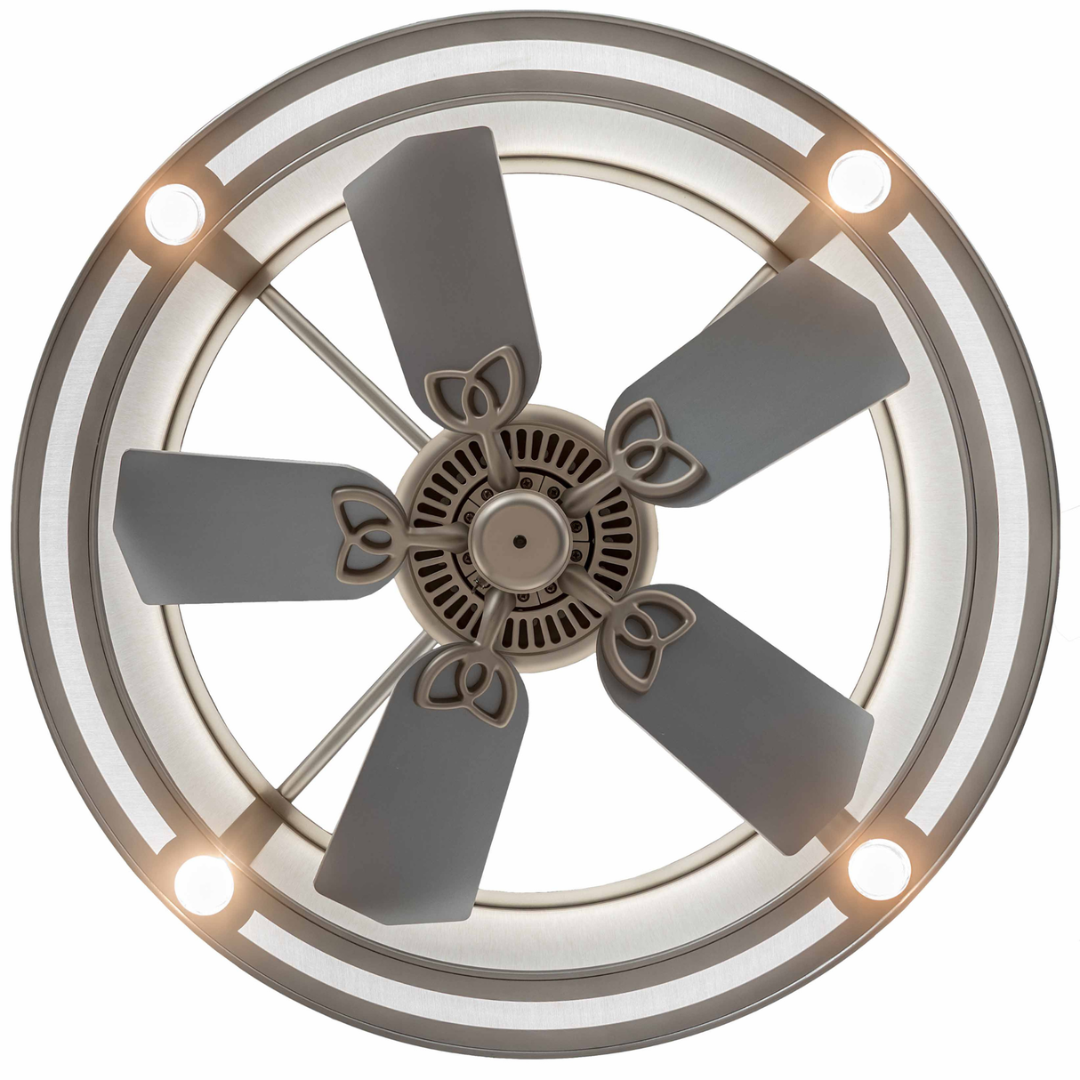 Bottom lit view showing evenly spaced downlights and central fan assembly.